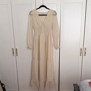 Marshalls Cream Sheer Dot Maxi Dress with Smocked Waist